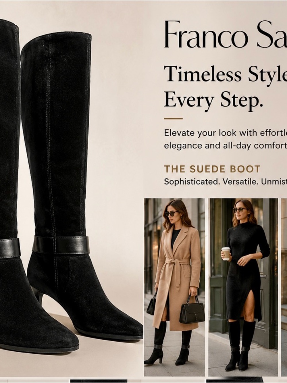 Franco Sarto Black Suede Over-the-Knee Boot with Leather Strap